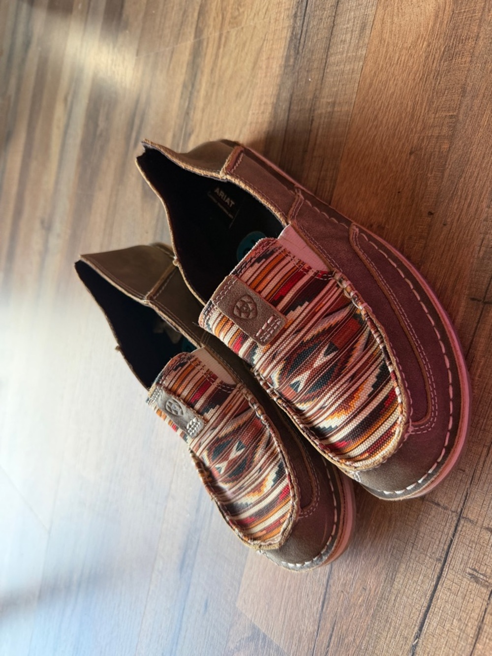 Ariat Brown Leather Slip-On Loafers with Multicolor Southwestern Weave
